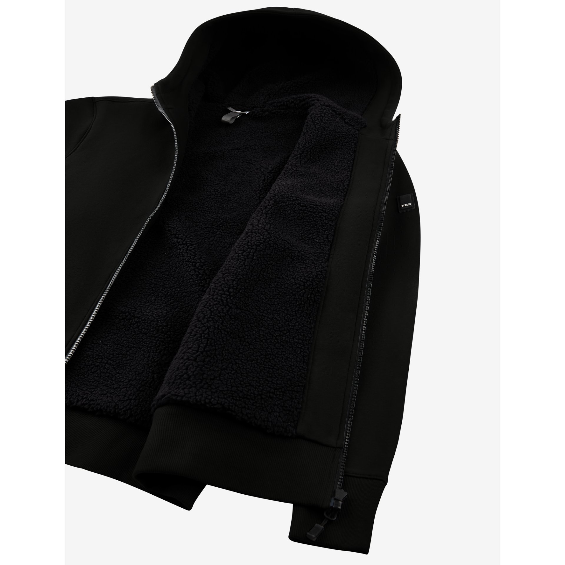 jacke, wollfleece, schwarz, frontreißverschluss, hoher kragen