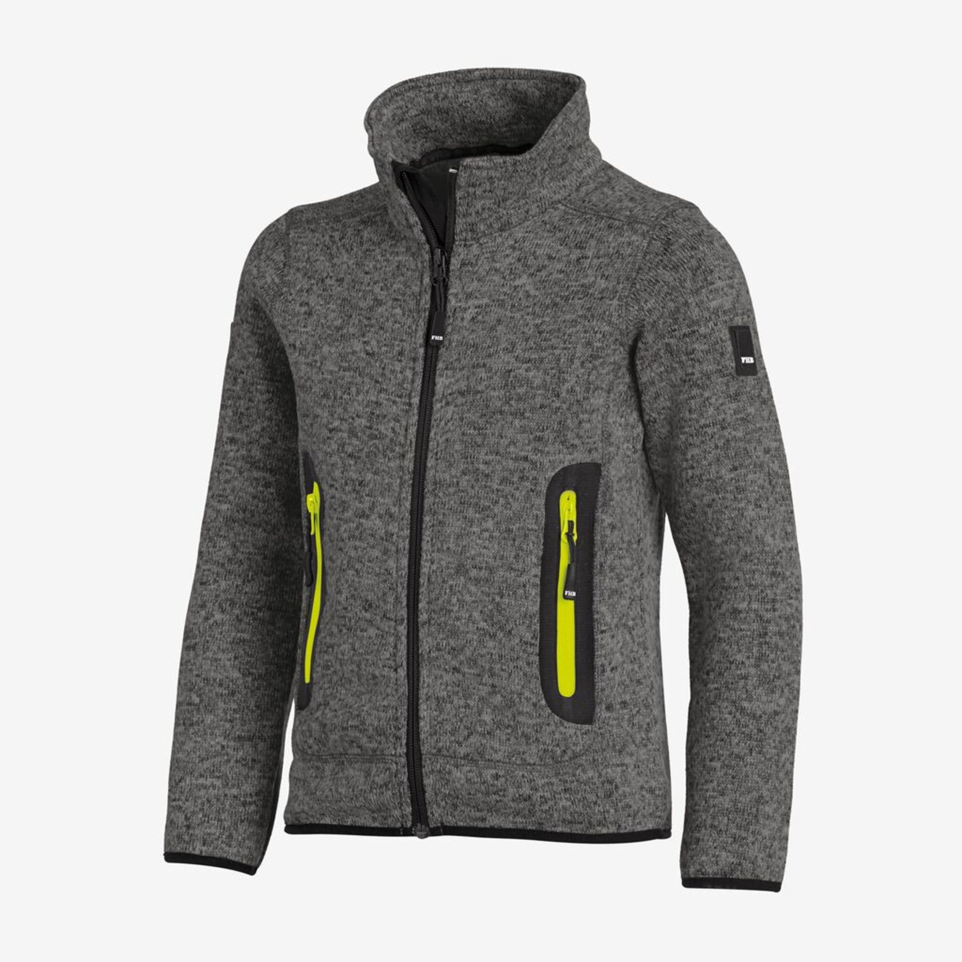 Fleecejacke, Reißverschluss, Grau gestrickt, Neon-Reißverschluss, Zip-Pocket