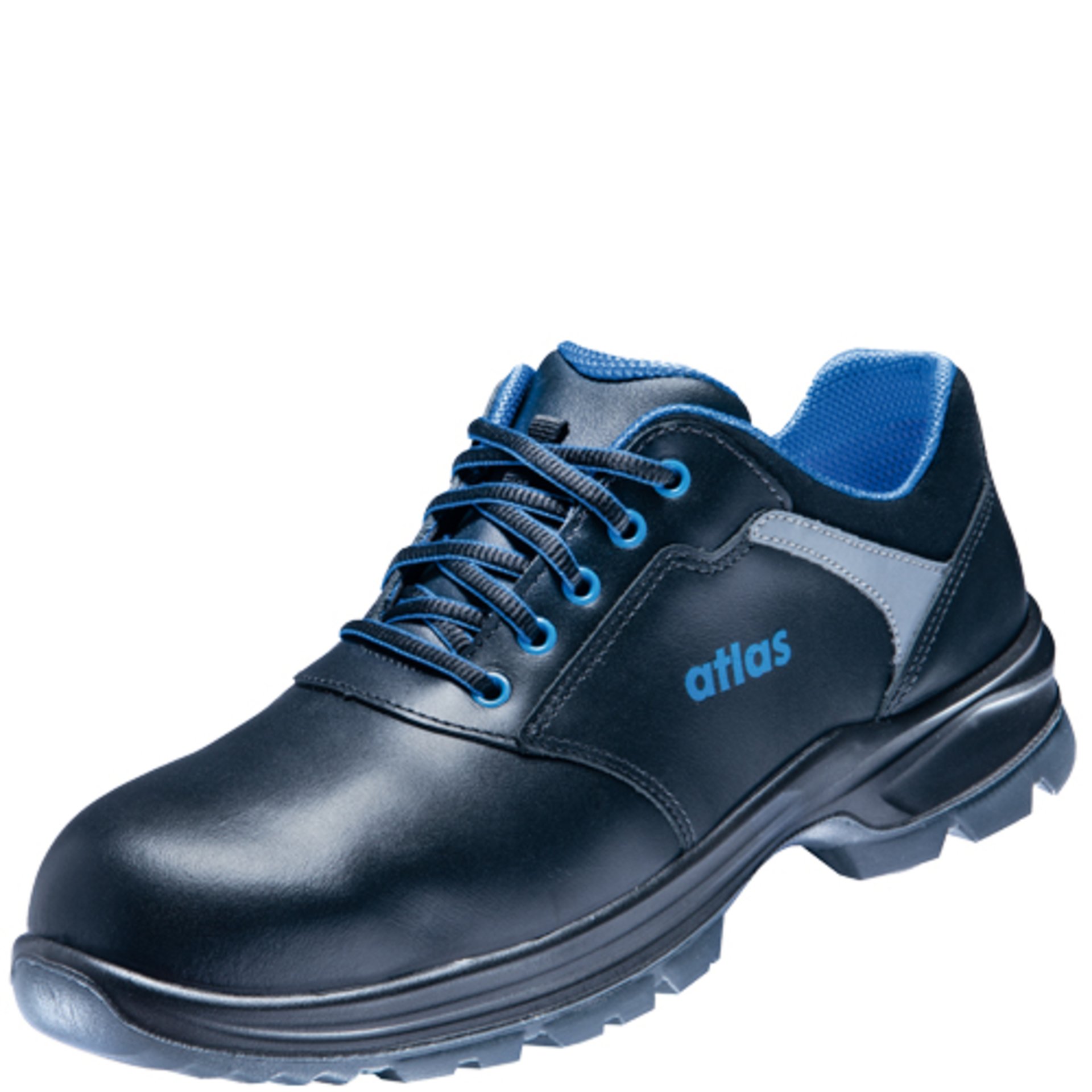 Sicherheitsschuh, Sneaker, Lackleder, blaue Akzente, Gummisohle