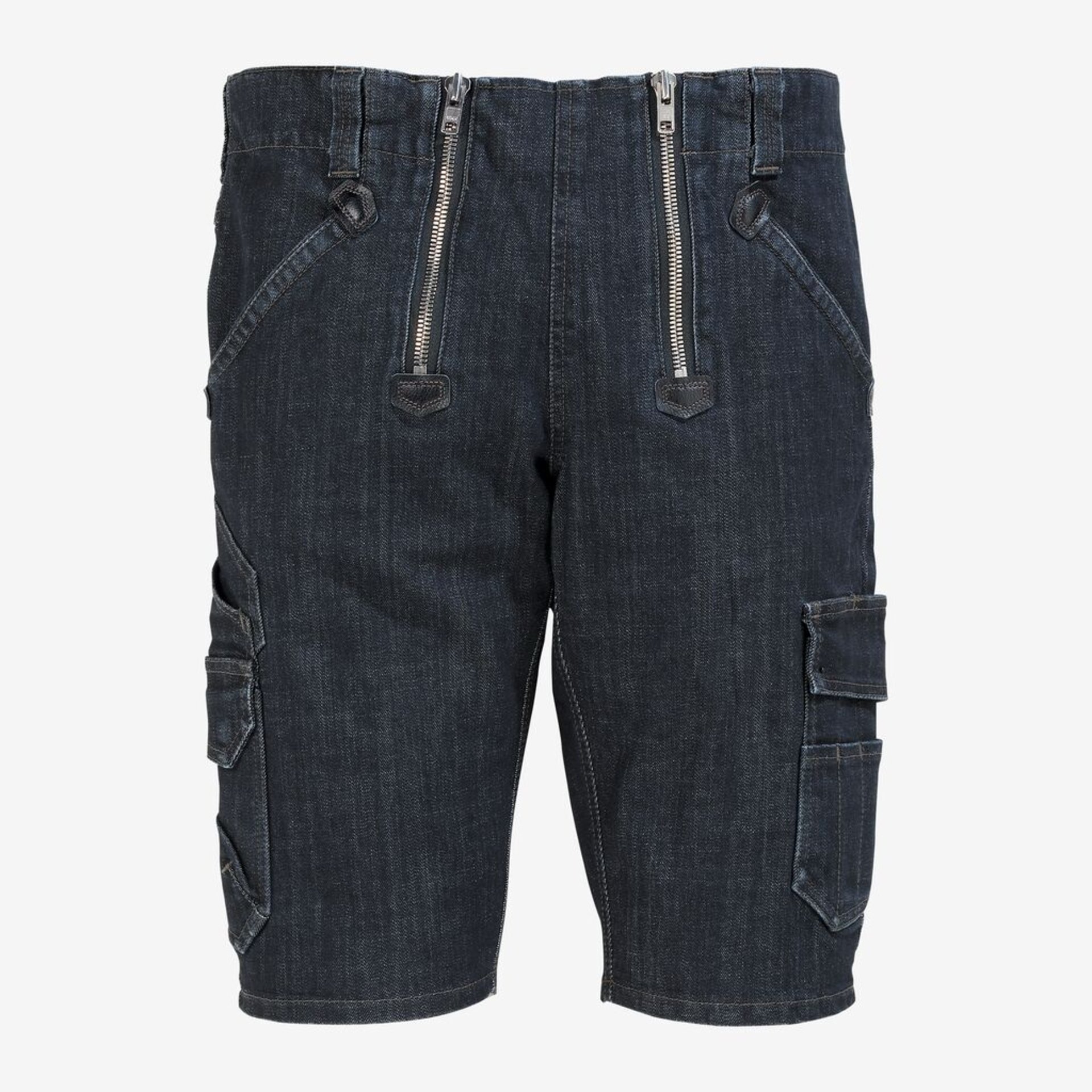 Denim Shorts, Zipper Details, Cargo Pockets, Dark Wash, Belt Loops