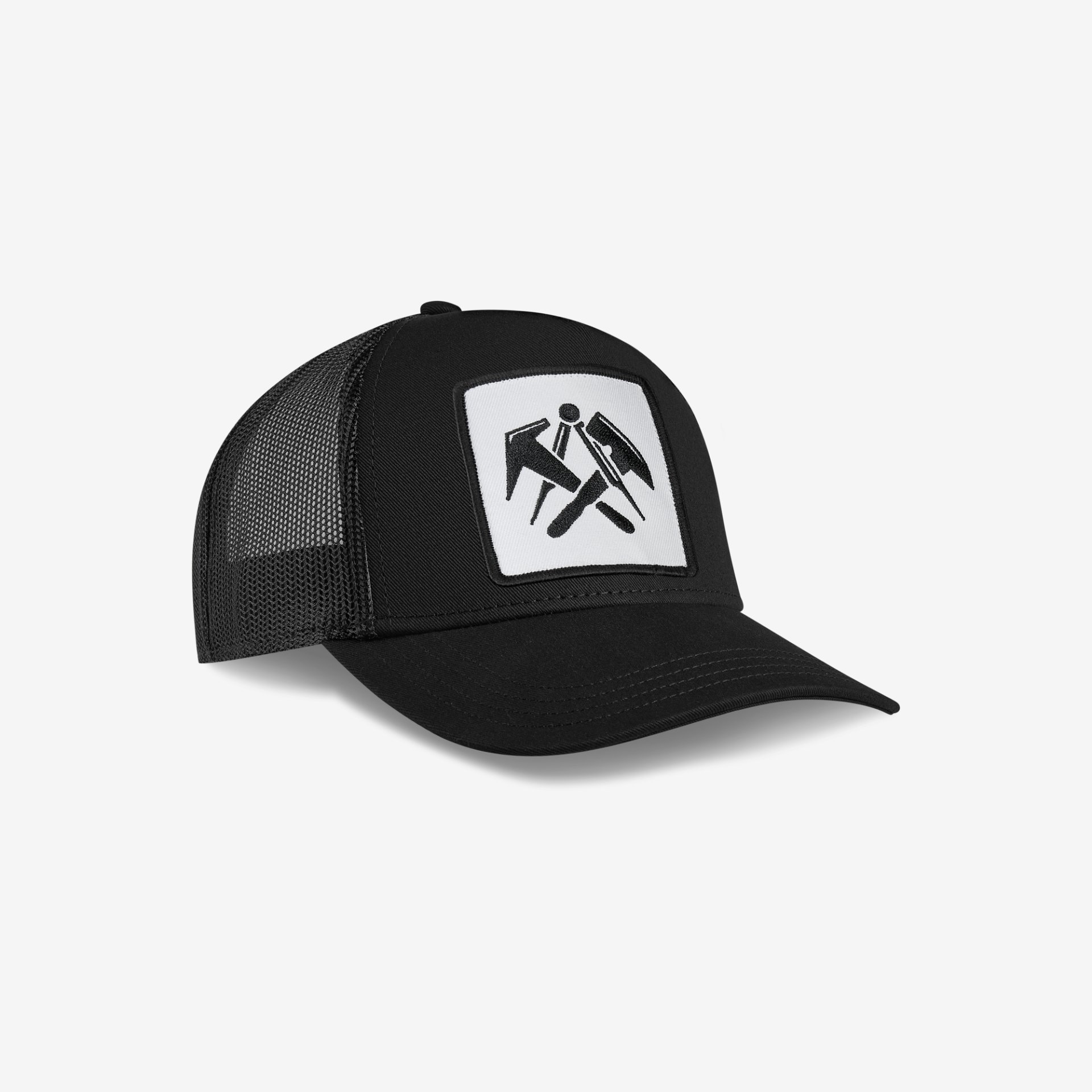 Baseballkappe, Mesh-Rückseite, schwarze Kappe, Aufnäher-Logo, gebogener Schirm
