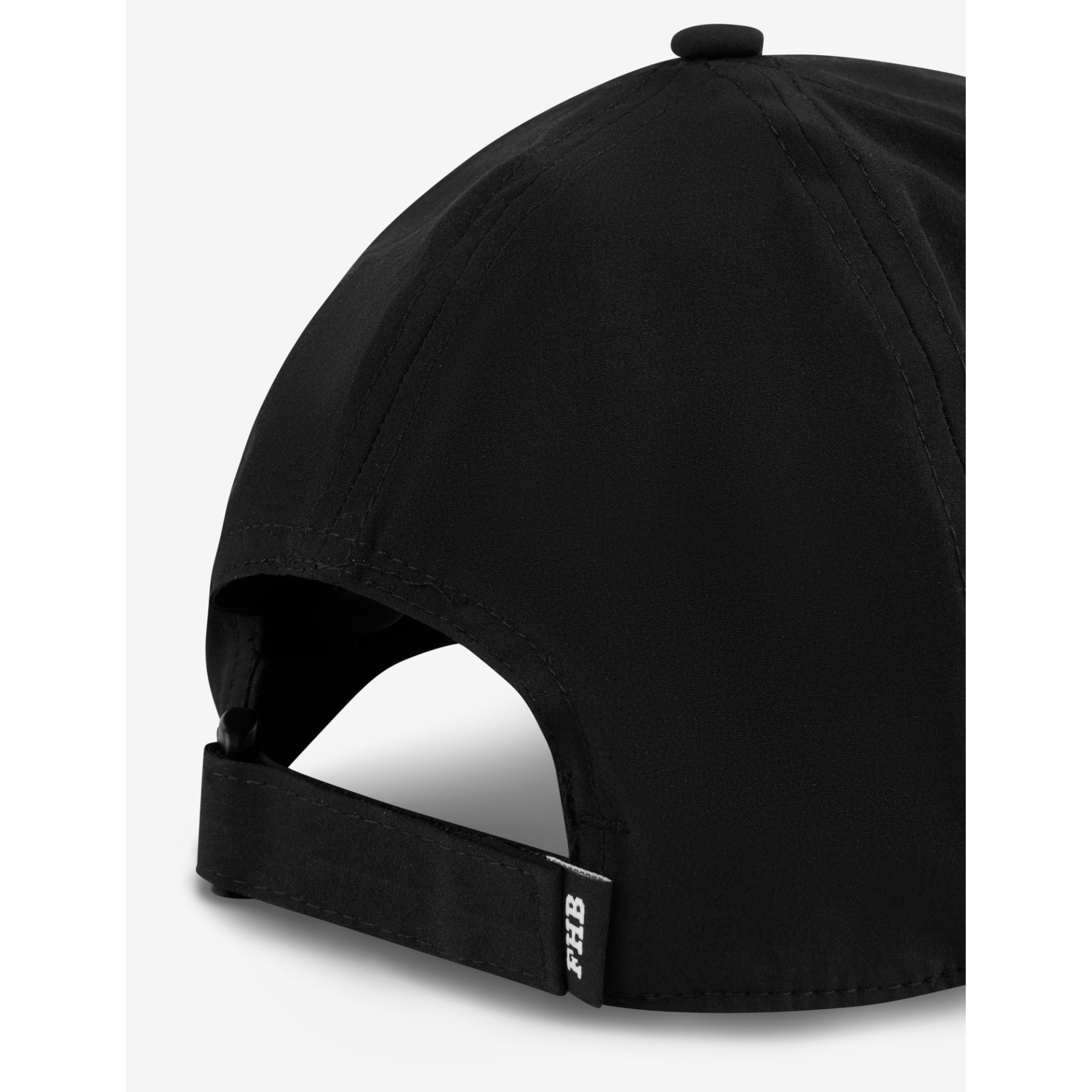 Baseballkappe, Schwarz, Verstellbares Band, Rückansicht, Nahtdetail