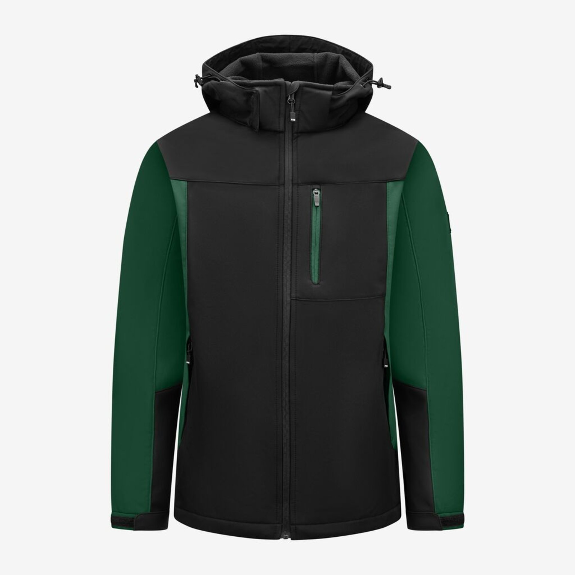 jacke, softshell, reissverschluss, kapuze, grün-schwarz