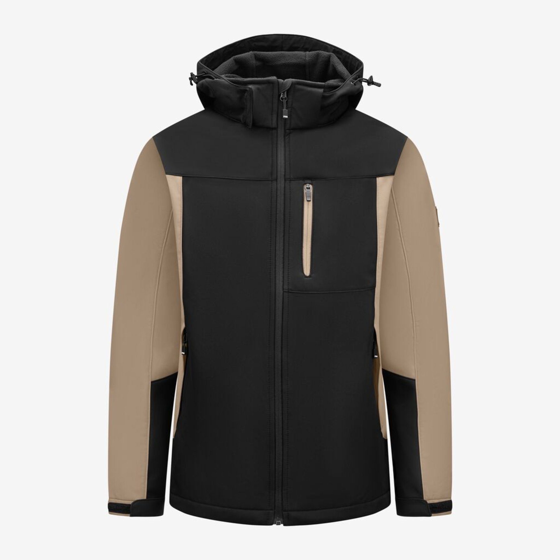 Herrenjacke, Softshell, Schwarz, Beige Einsätze, Reißverschlusstasche