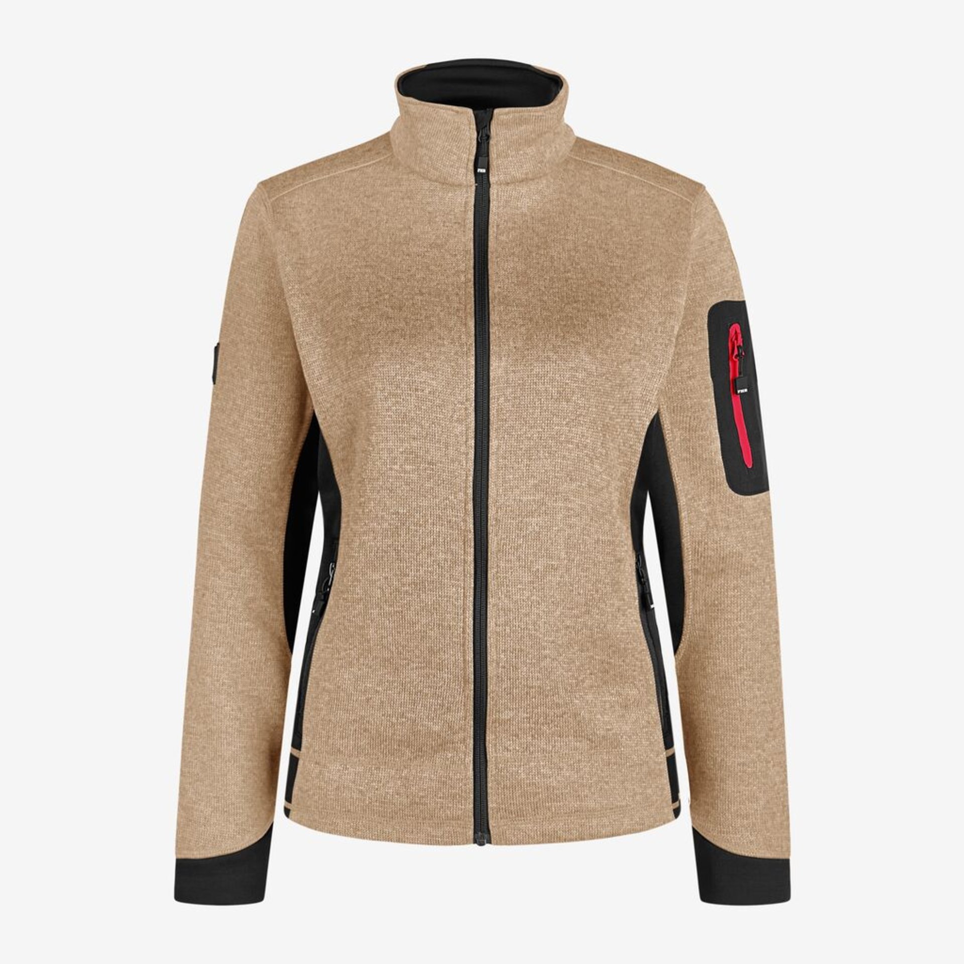 Fleecejacke, Beige, Vollreißverschluss, Farbblock-Akzente, Taschen-Patch
