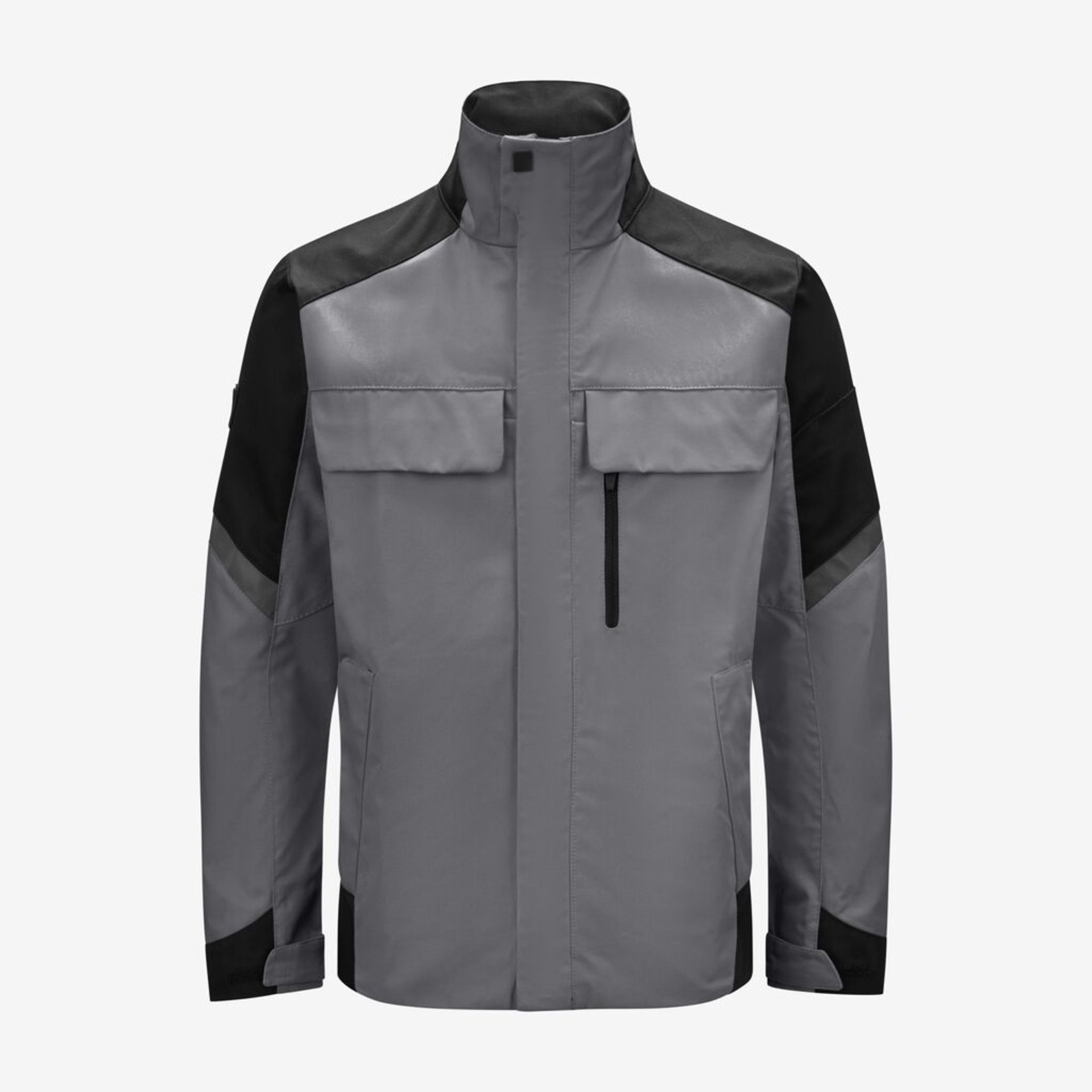 jacket, softshell, gray, zip pocket, pocket flaps