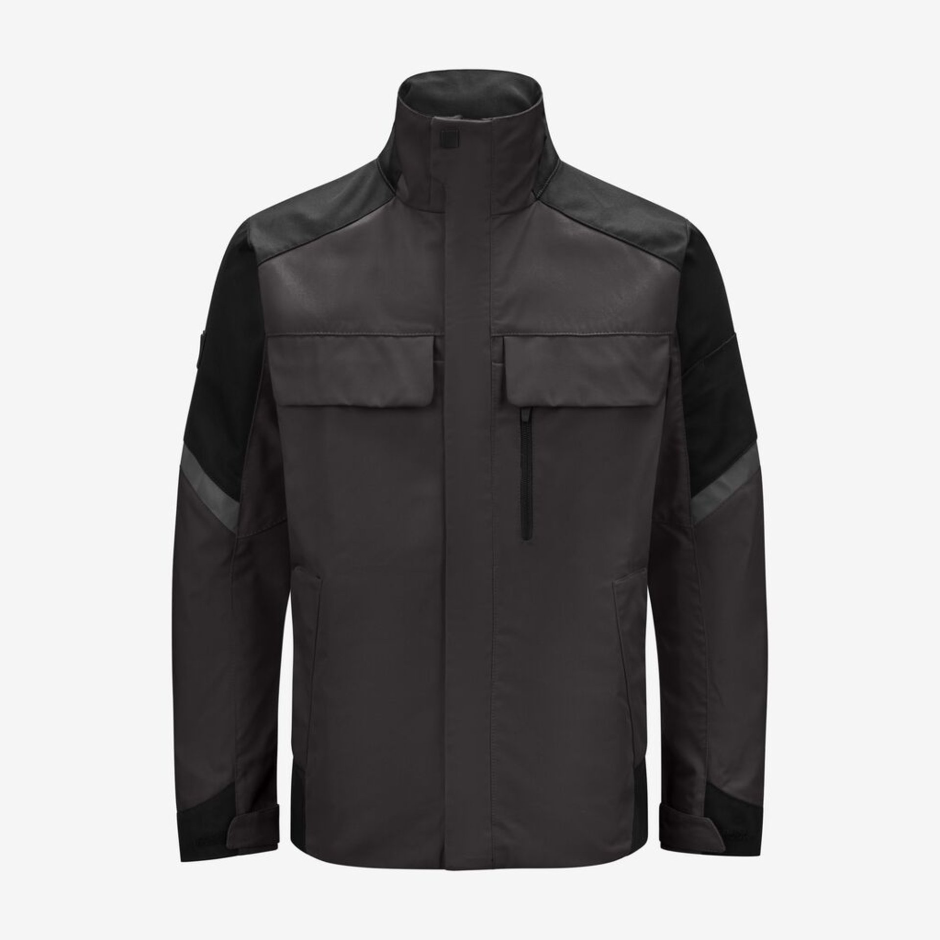 jacke, Softshell, Taschenklappe, Reißverschluss, grau-schwarz