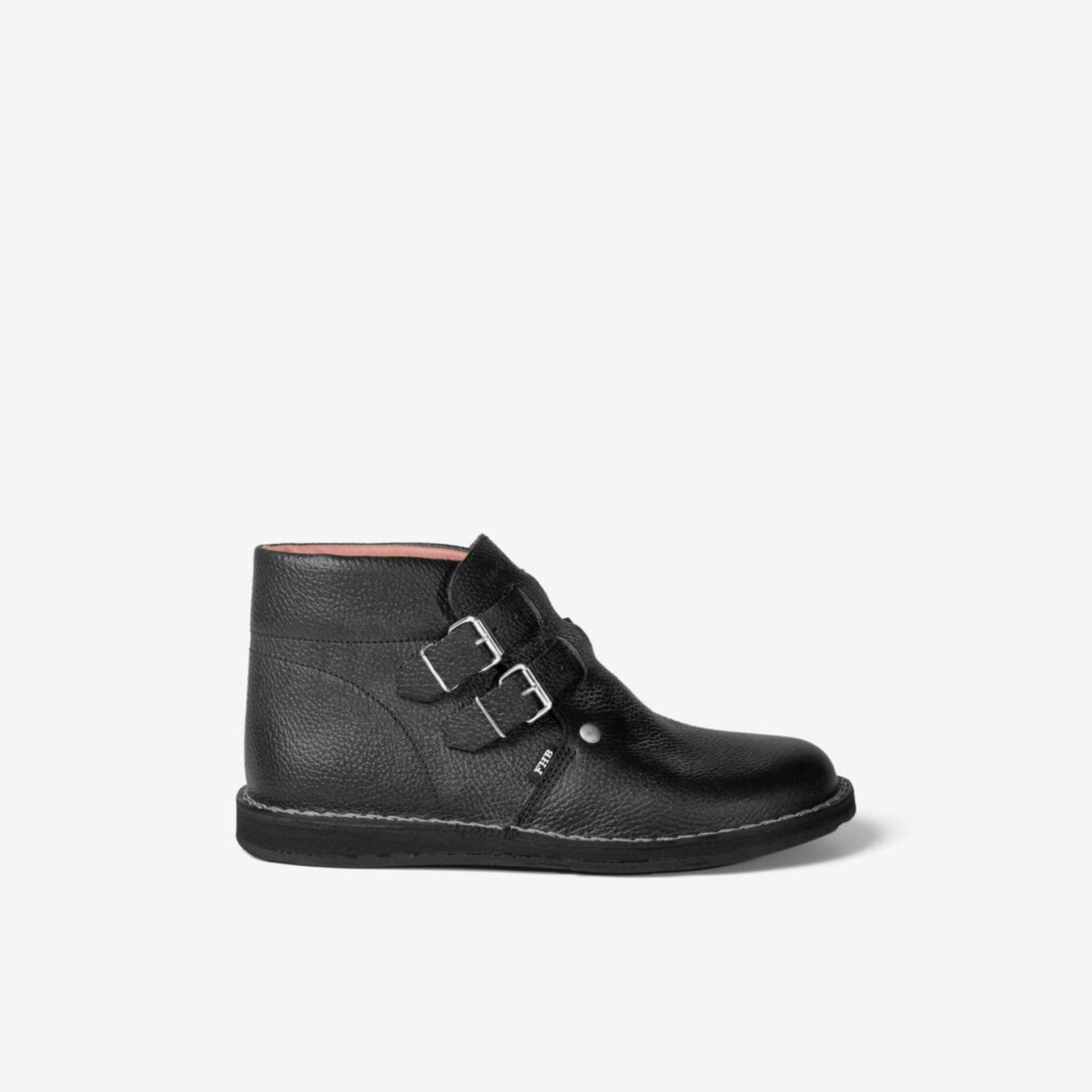 Schuh, Ankle-Boot, Schwarz, Leder, Doppelschnalle