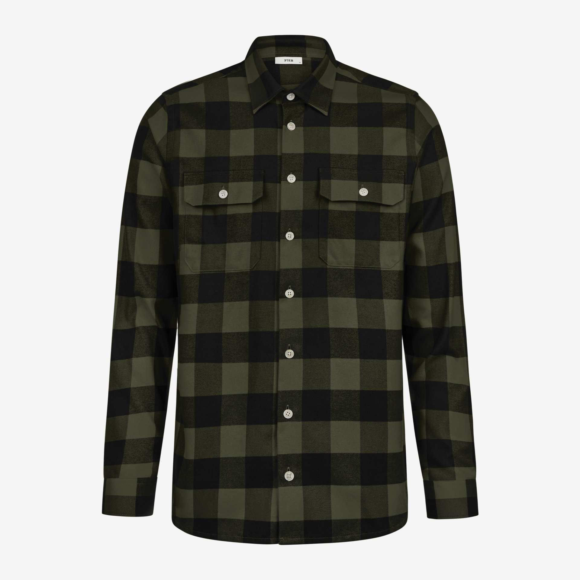 Flanell, kariertes Hemd, Grün-schwarz, Knopfleiste, Brusttaschen