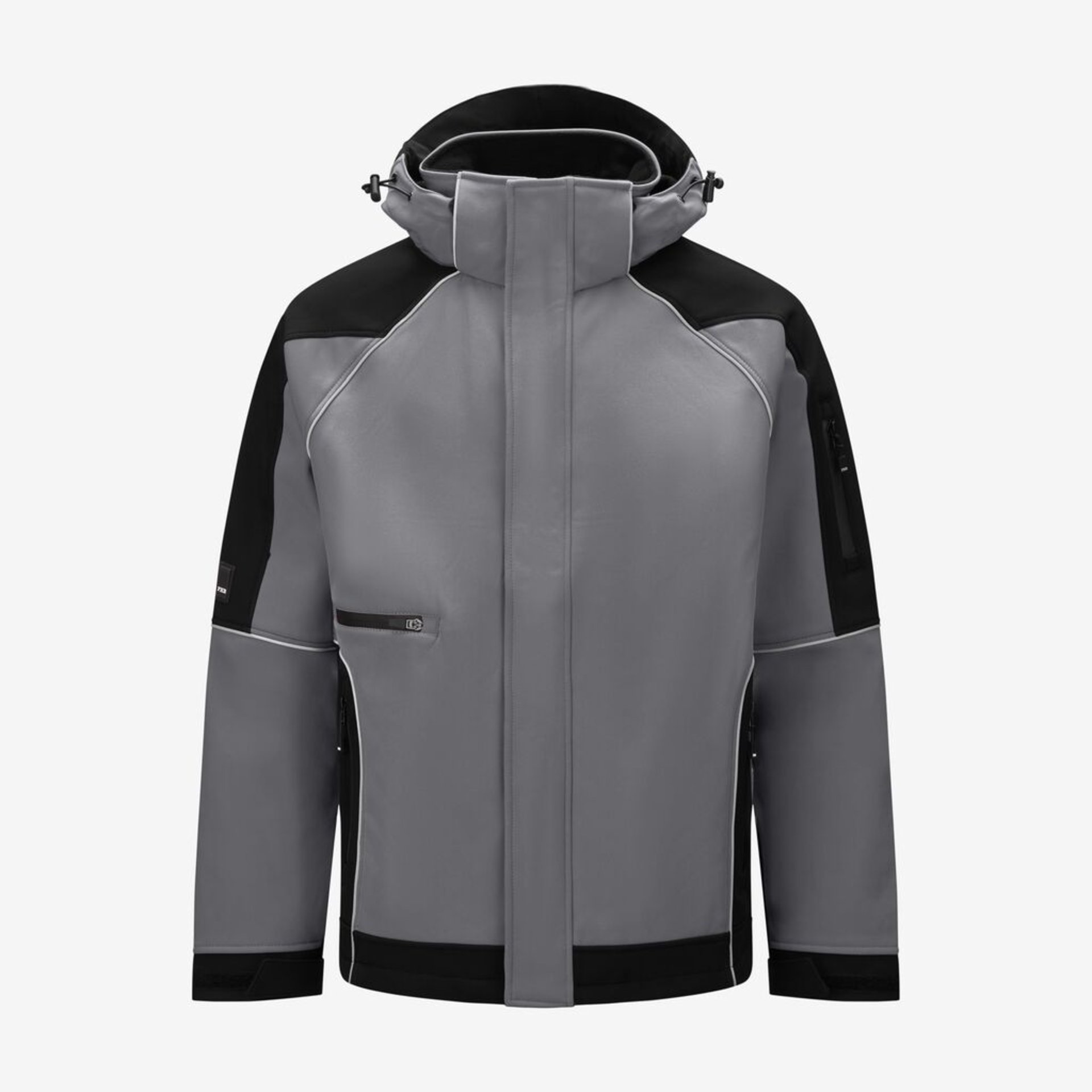 jacke, softshell, grau, reissverschluss, kapuze